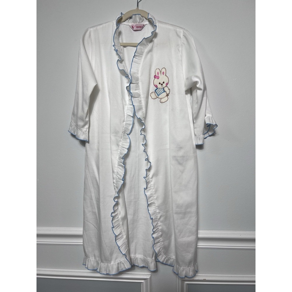 Vintage Bunny Ruffle Robe Housecoat Kawaii Cottagecore White Novelty Open Front - Picture 2 of 11